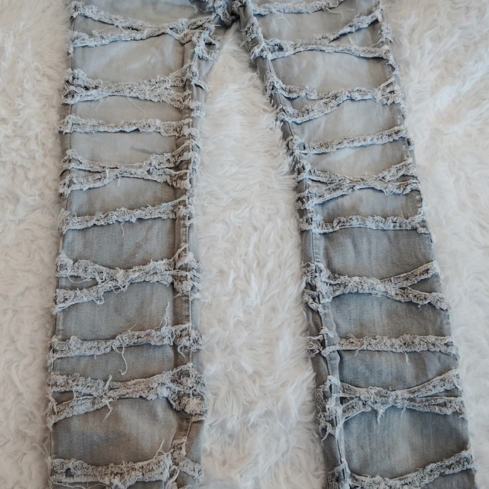 Men's Stacked Stone Wash Gray Bootcut Flared Jeans with Distress SZ:32 Inseam:36